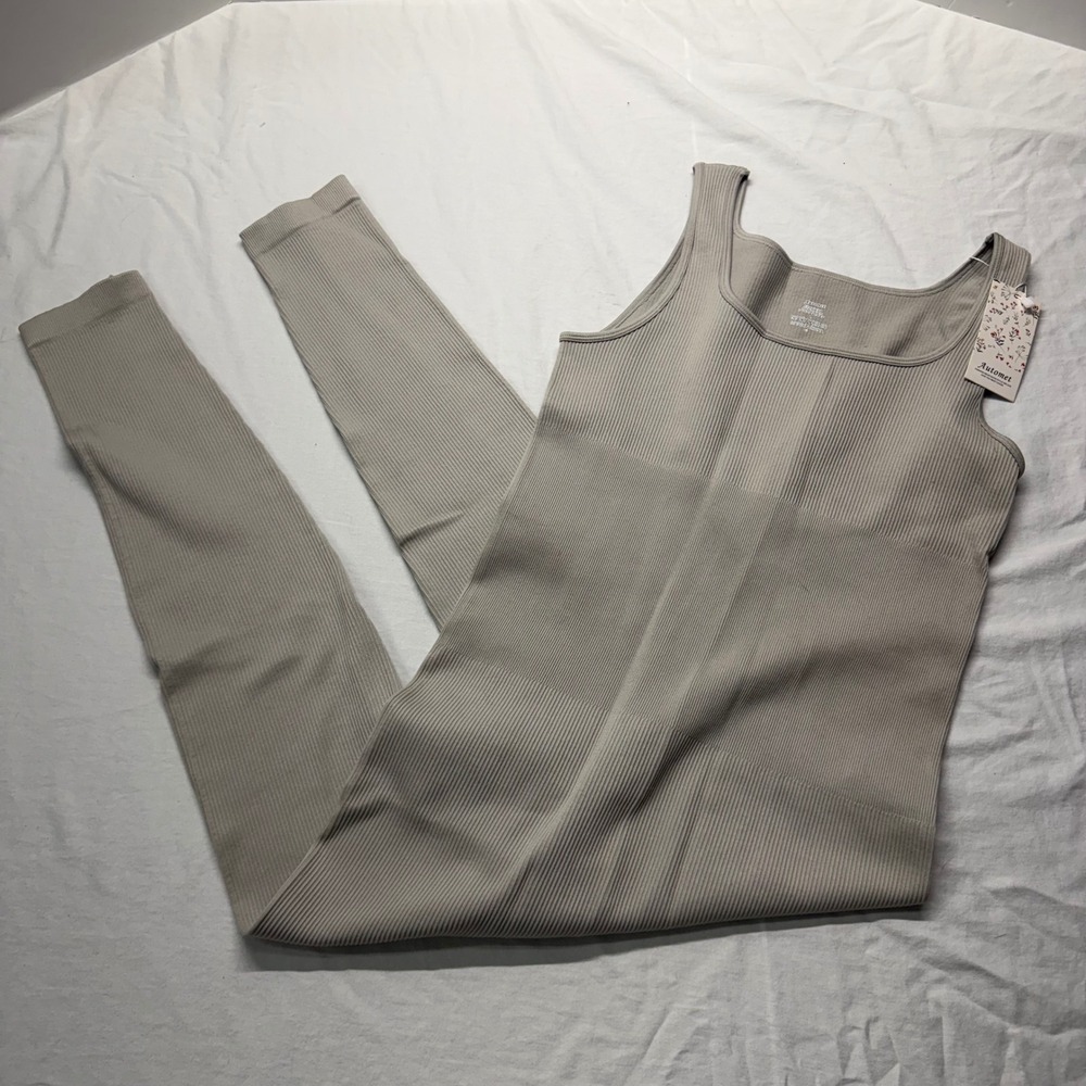 Automet Womens Ribbed Square Neck Sleeveless Jumpsuit Tan Beige EZAU138 L NWT